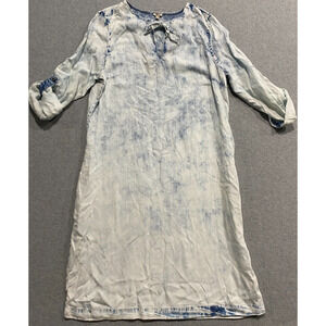 Reba Womens Light Weight Light Denim Dress Tie Neck, Pockets, 3/4 Sleeve Medium